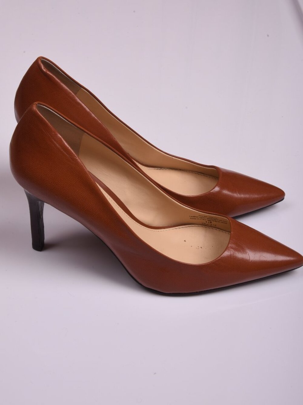 Ralph Lauren Adena Leather Pumps Cognac Brown Pointed Toe Stiletto Heel Size 8.5
